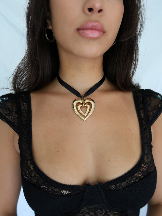 Vintage Double Heart Ribbon Necklace